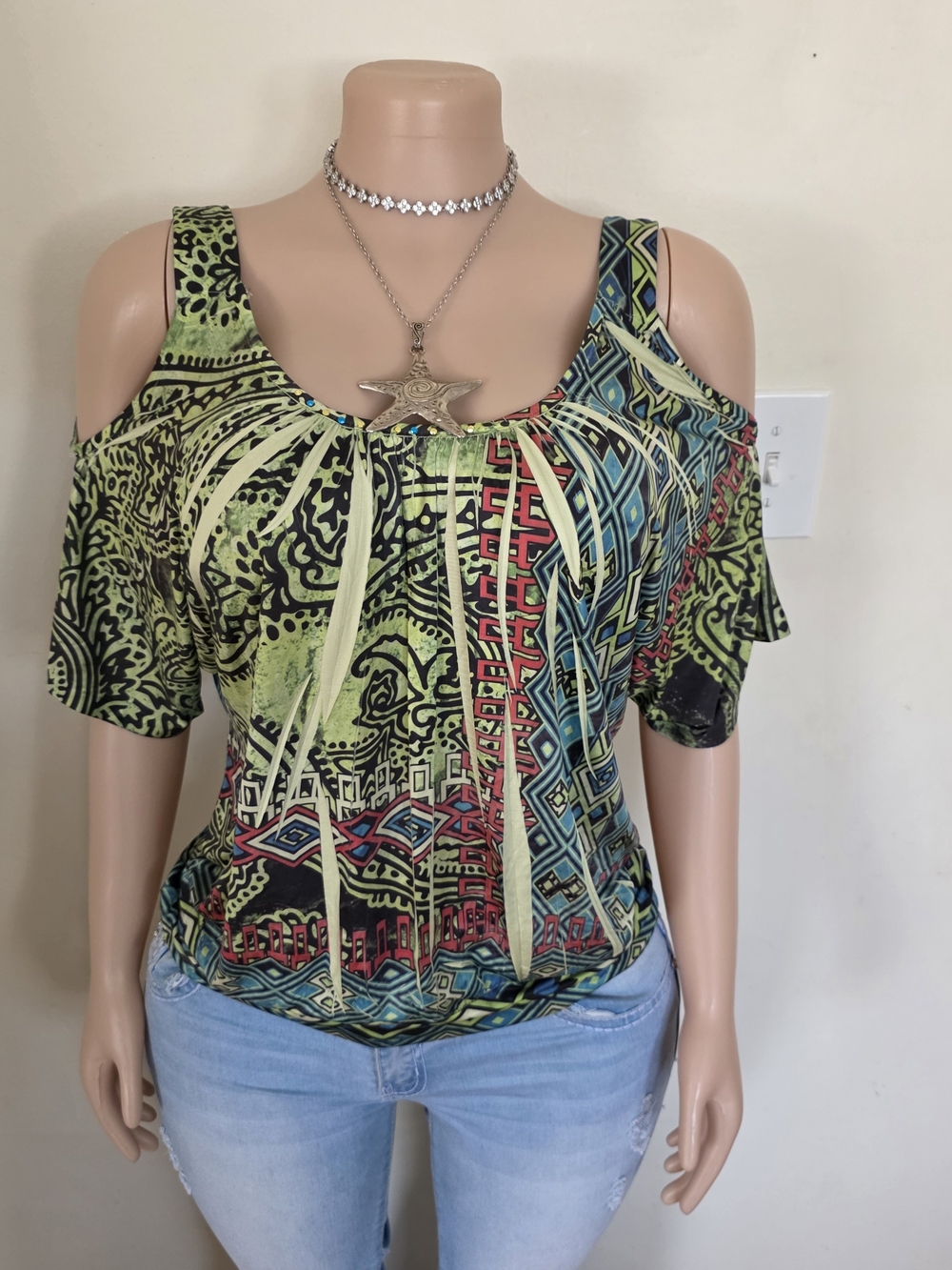 Unity World Wear Green Multicolor Cold-Shoulder Patterned Top